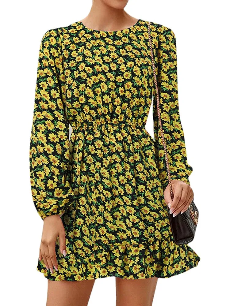 Holiday Long Sleeve Retro Bohemian Style Midi Dress