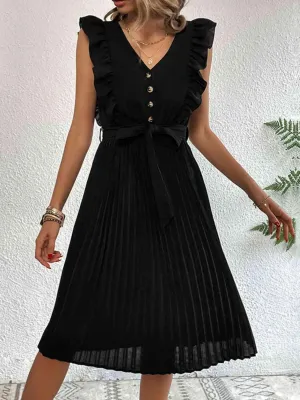 Infinitely Chic Black Pleated Midi Dress