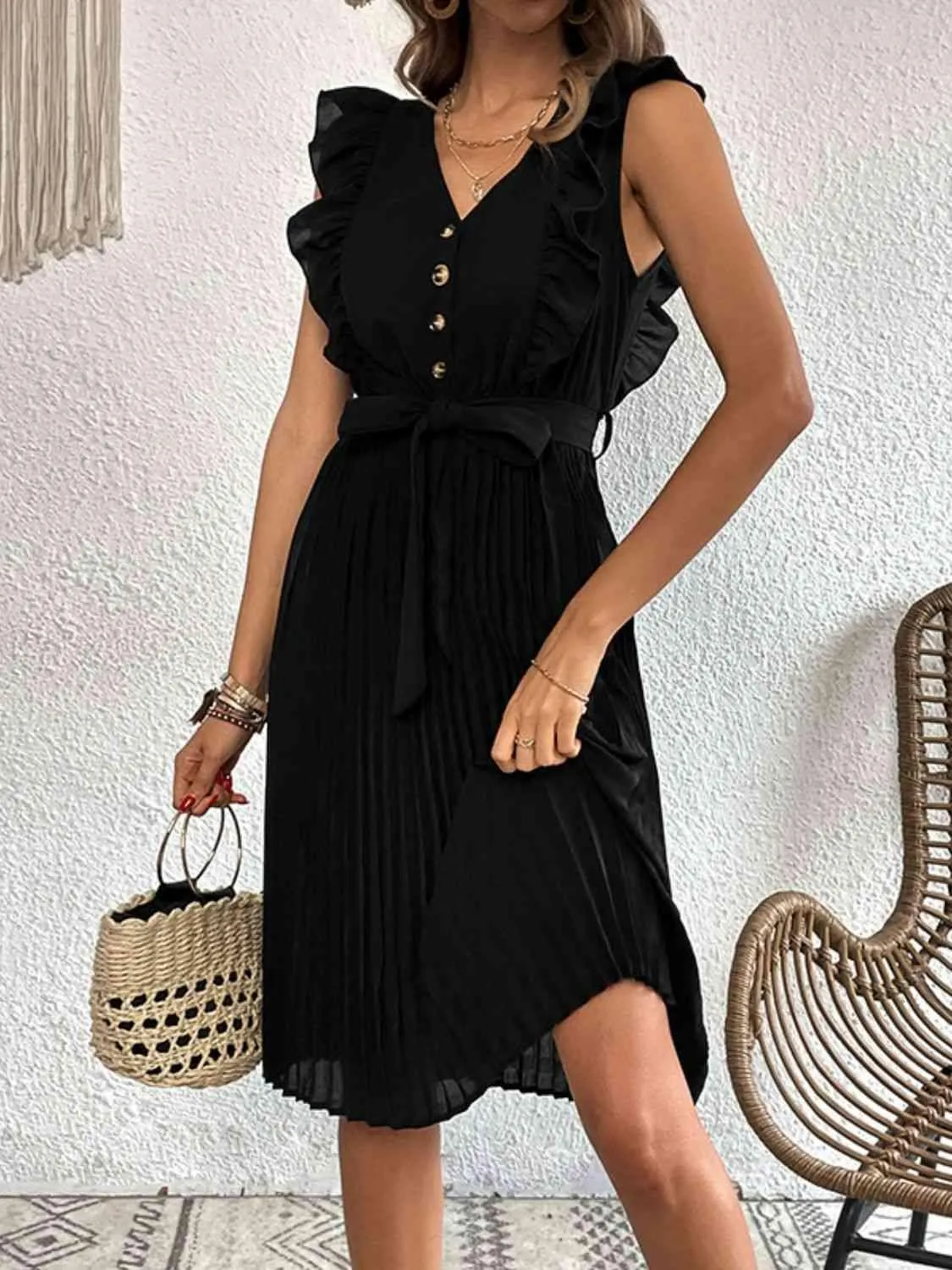 Infinitely Chic Black Pleated Midi Dress