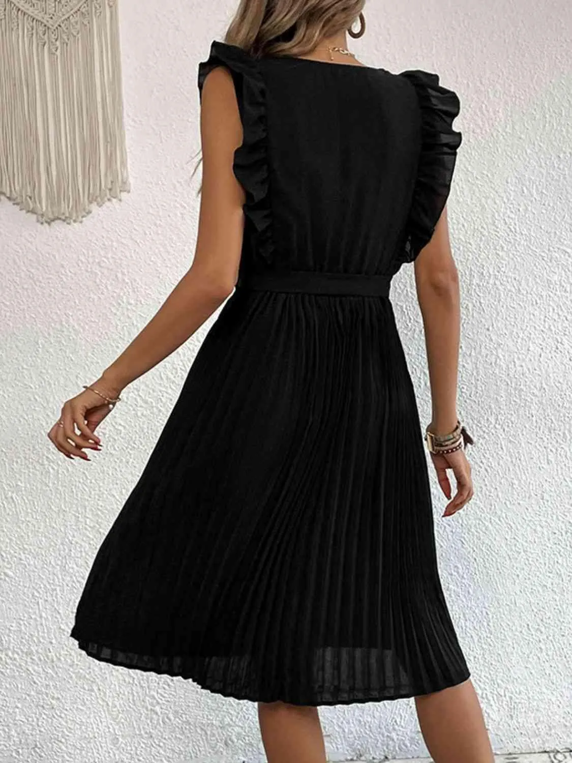 Infinitely Chic Black Pleated Midi Dress