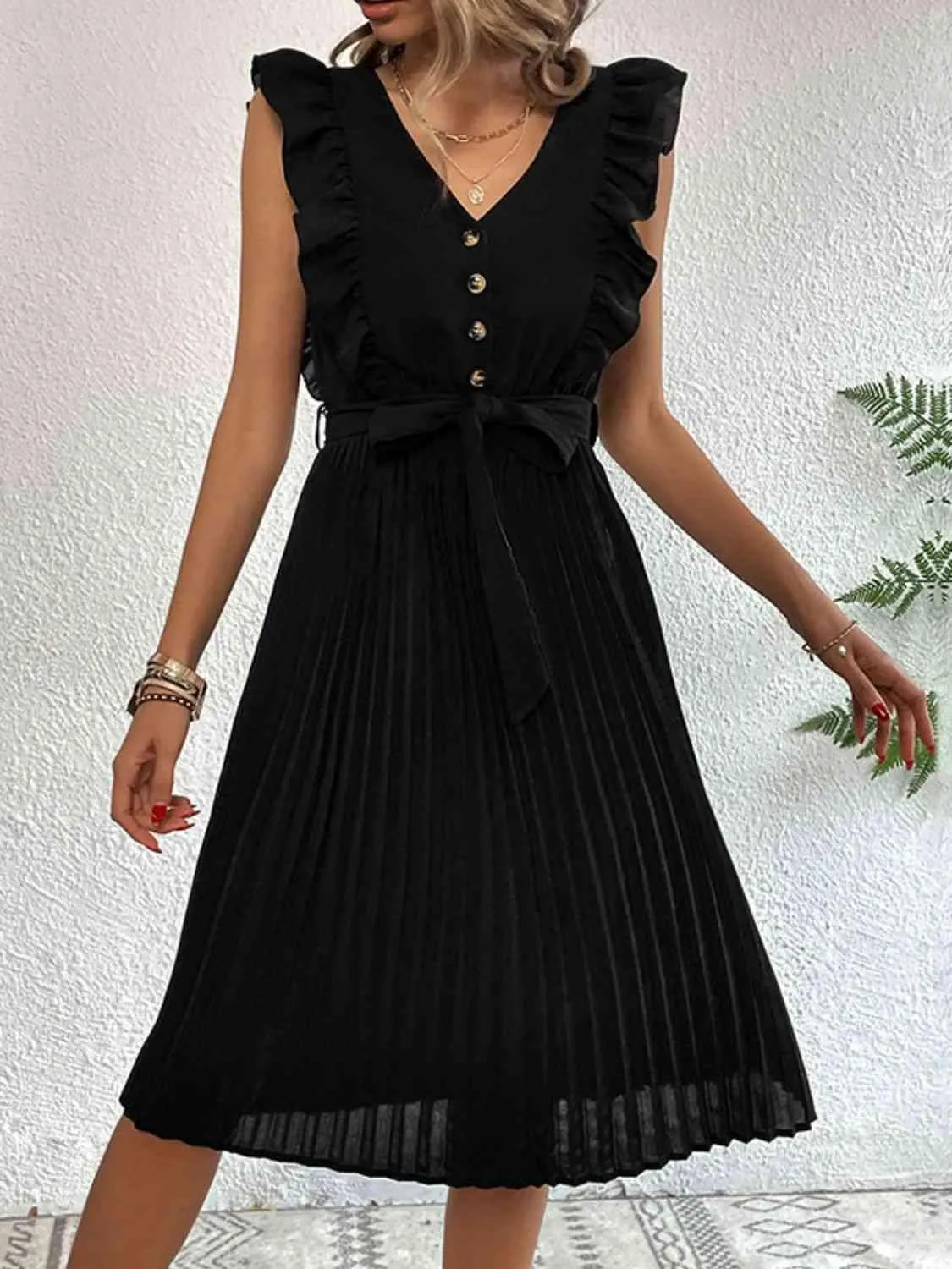 Infinitely Chic Black Pleated Midi Dress