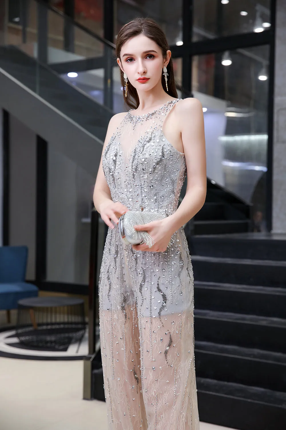 Jewel Sleeveless Tulle Evening Jumpsuit with Sequins