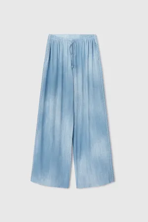 Light denim print marocain palazzo trousers with drawstring