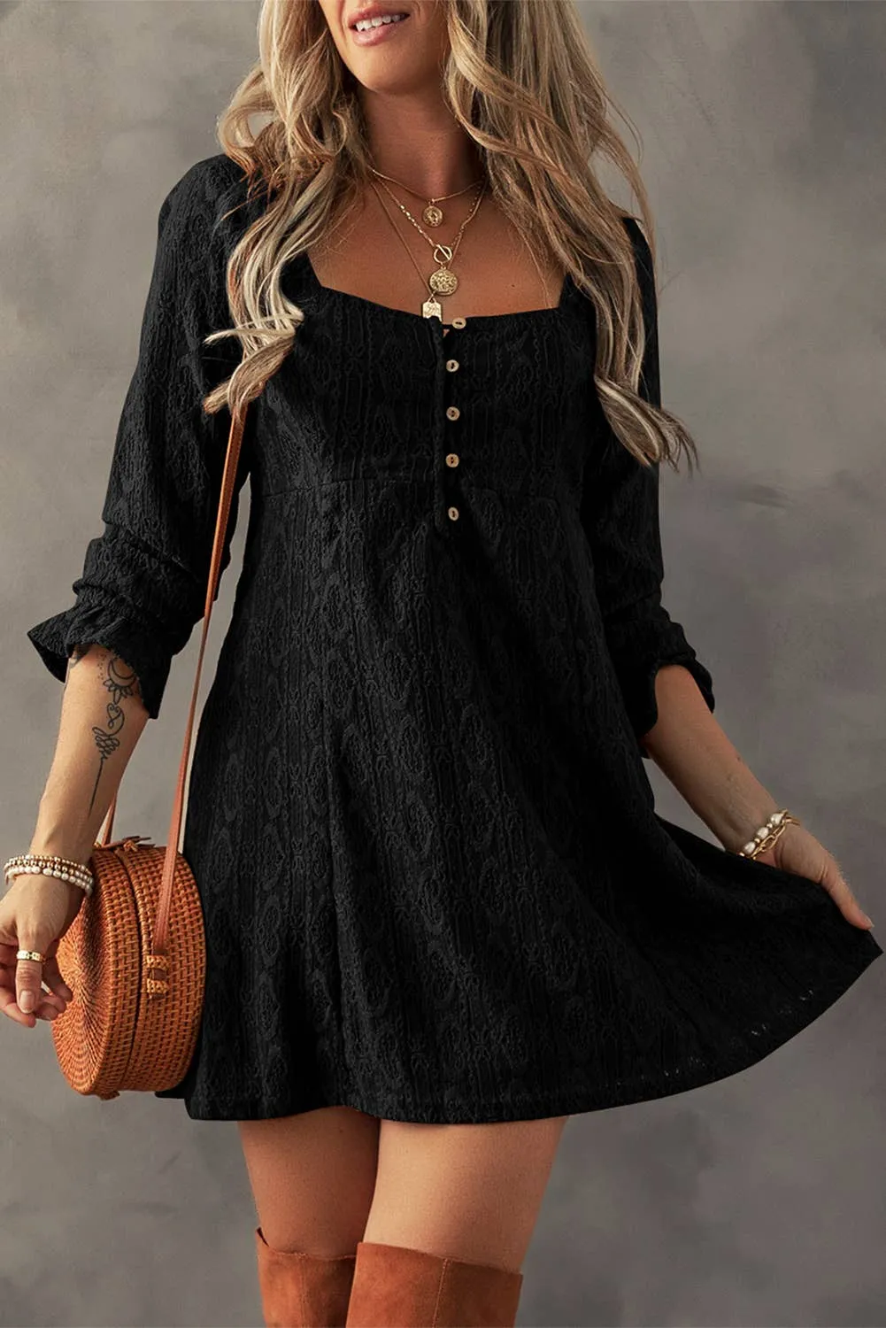 Little Daisy Closet - LDC Lace Fall Clothing Buttoned Square Neck Shift Mini Dress