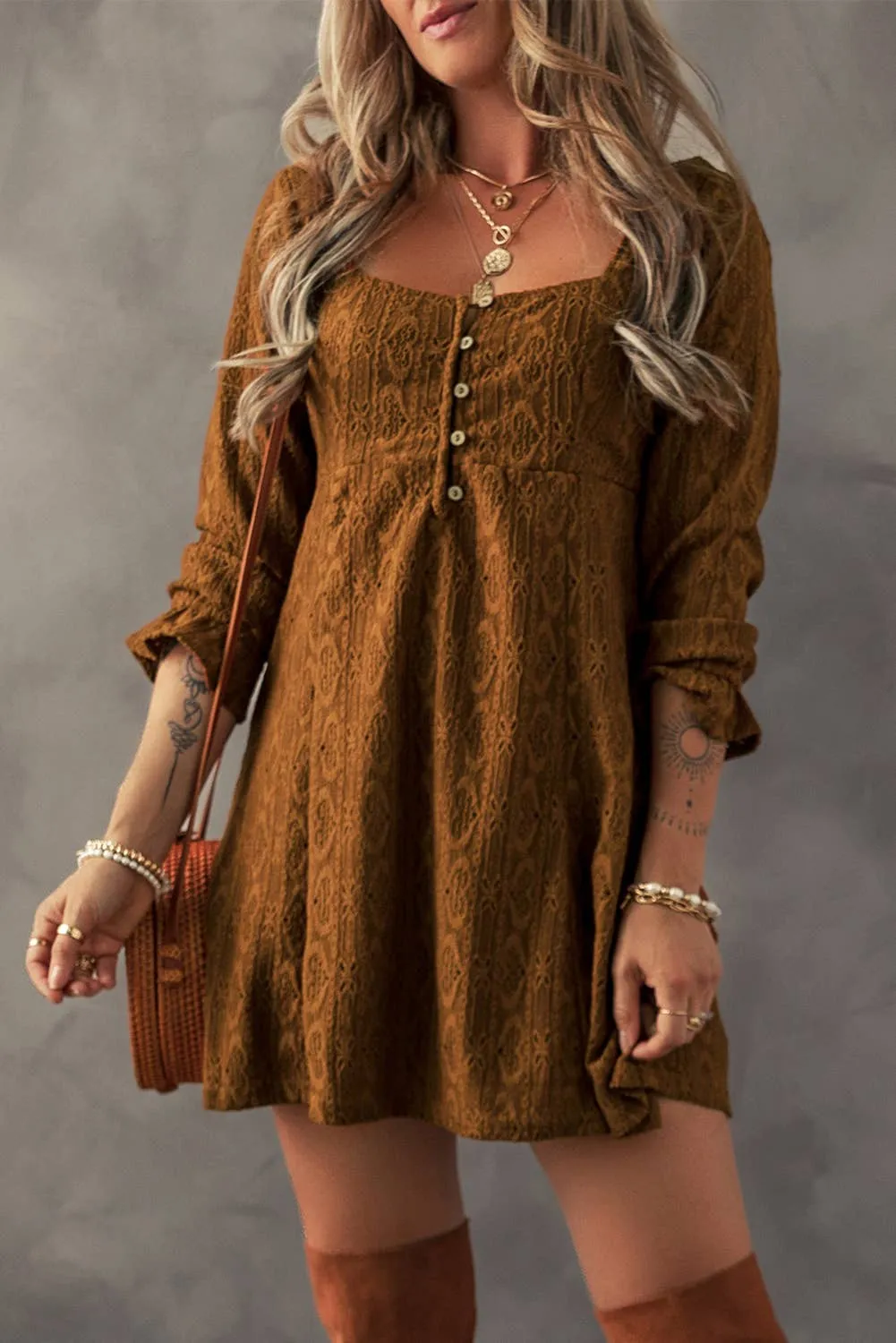 Little Daisy Closet - LDC Lace Fall Clothing Buttoned Square Neck Shift Mini Dress