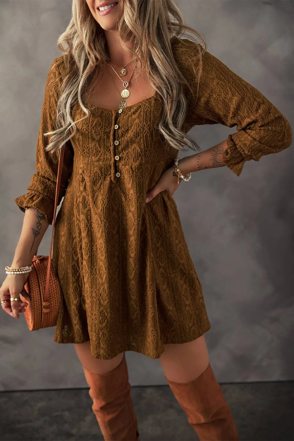 Little Daisy Closet - LDC Lace Fall Clothing Buttoned Square Neck Shift Mini Dress