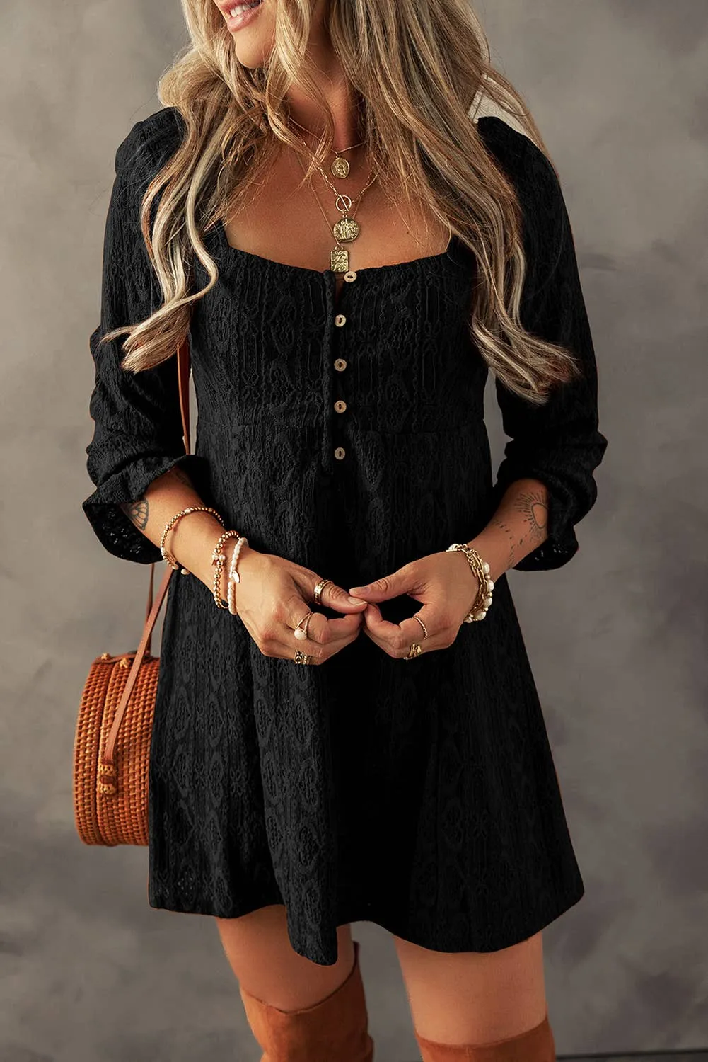 Little Daisy Closet - LDC Lace Fall Clothing Buttoned Square Neck Shift Mini Dress