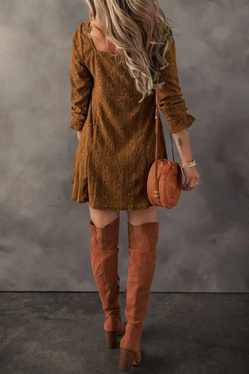 Little Daisy Closet - LDC Lace Fall Clothing Buttoned Square Neck Shift Mini Dress