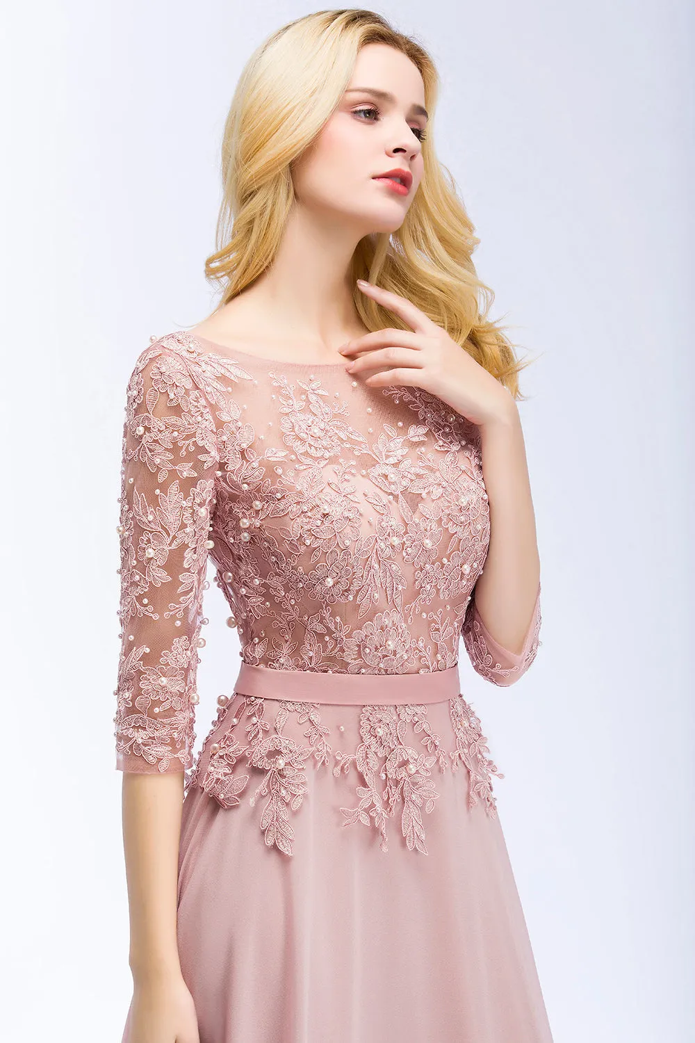Long A-line Chiffon Appliques Lace Jewel Bridesmaid Dresses with Sleeves