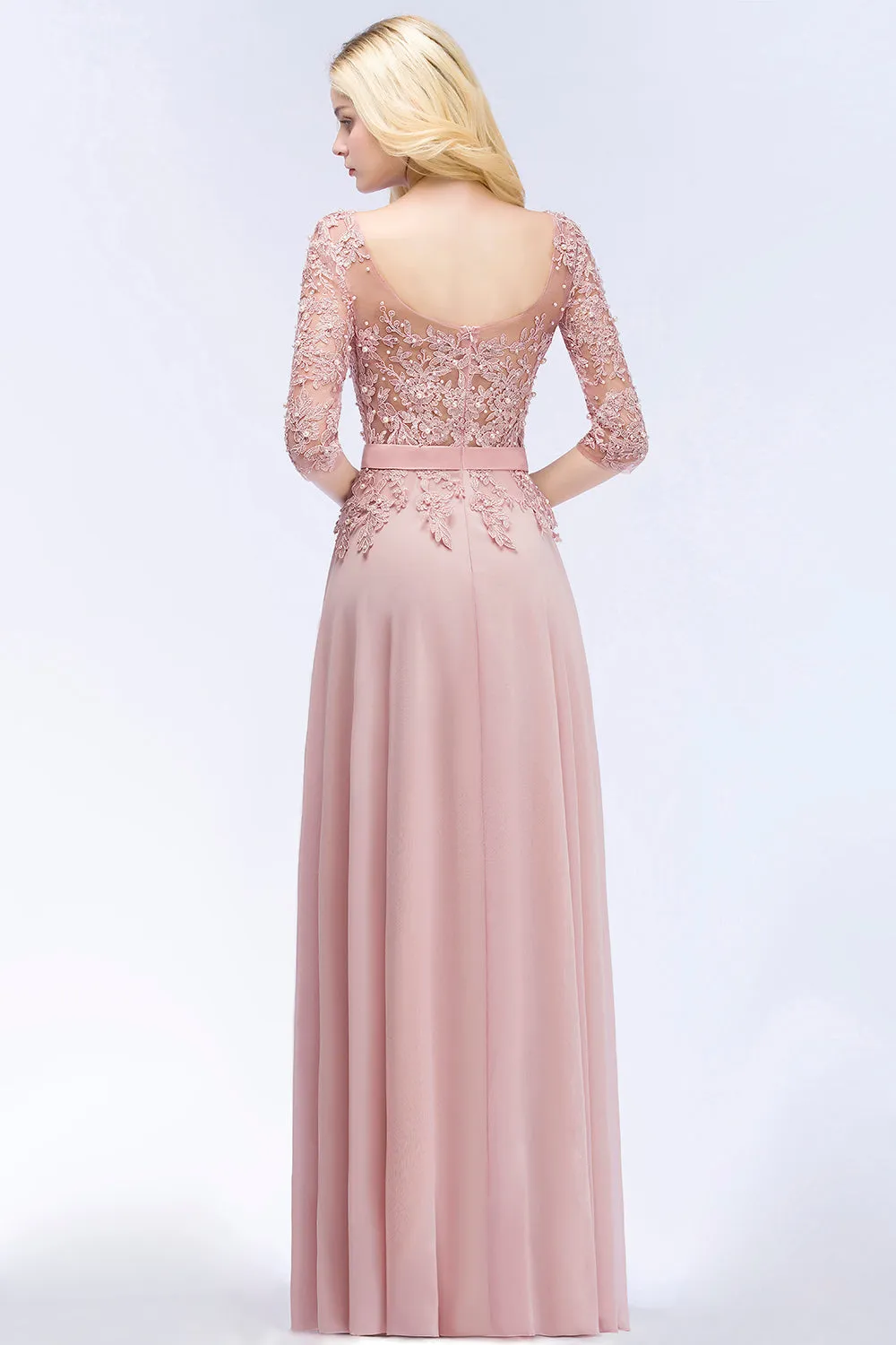 Long A-line Chiffon Appliques Lace Jewel Bridesmaid Dresses with Sleeves
