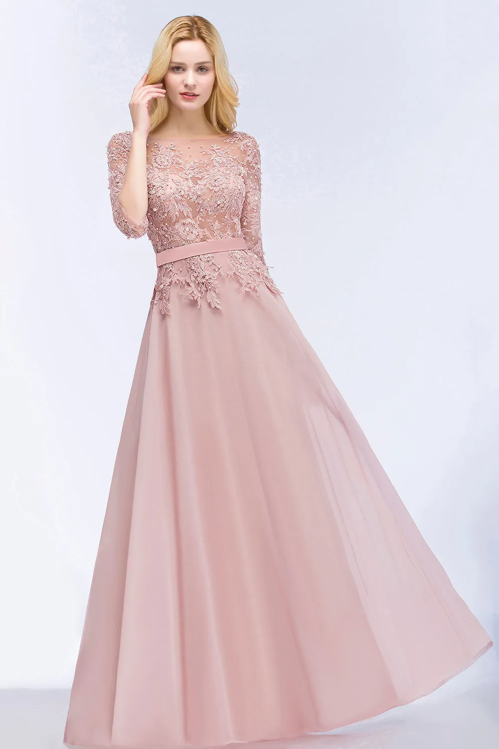 Long A-line Chiffon Appliques Lace Jewel Bridesmaid Dresses with Sleeves