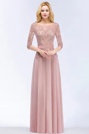 Long A-line Chiffon Appliques Lace Jewel Bridesmaid Dresses with Sleeves