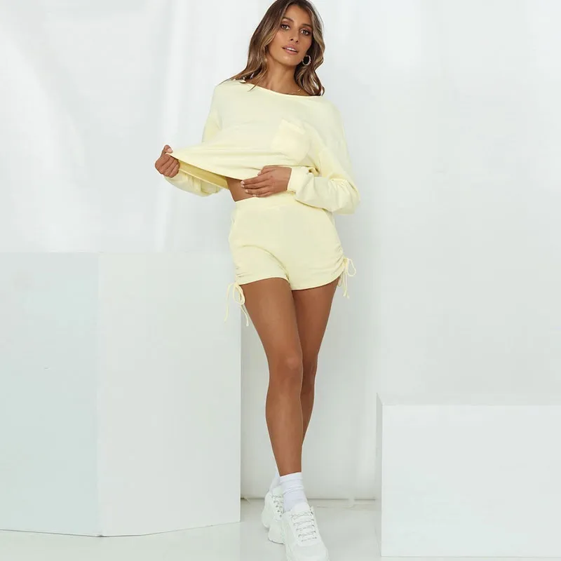 Long Sleeve Top And Drawstring Shorts Set