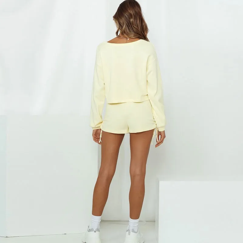 Long Sleeve Top And Drawstring Shorts Set