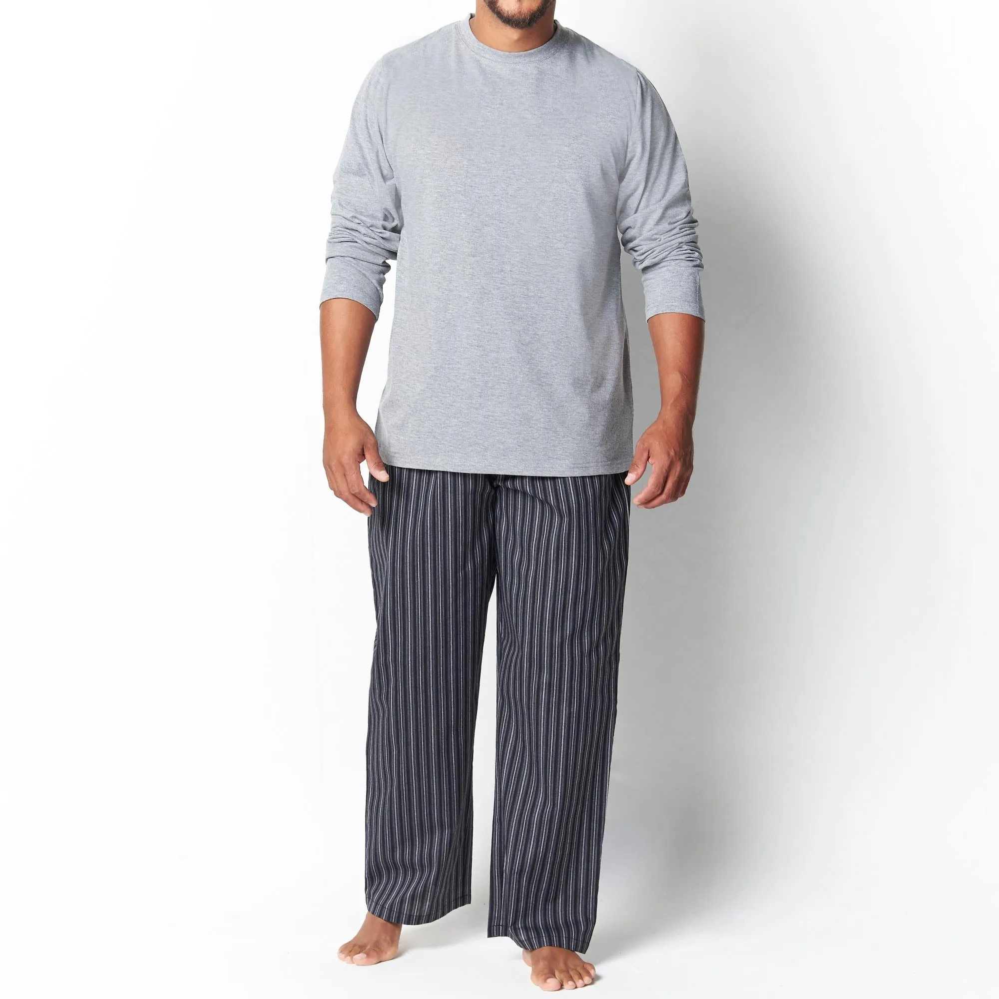 Mens Long Sleeve Stripe Pyjama Set - Grey