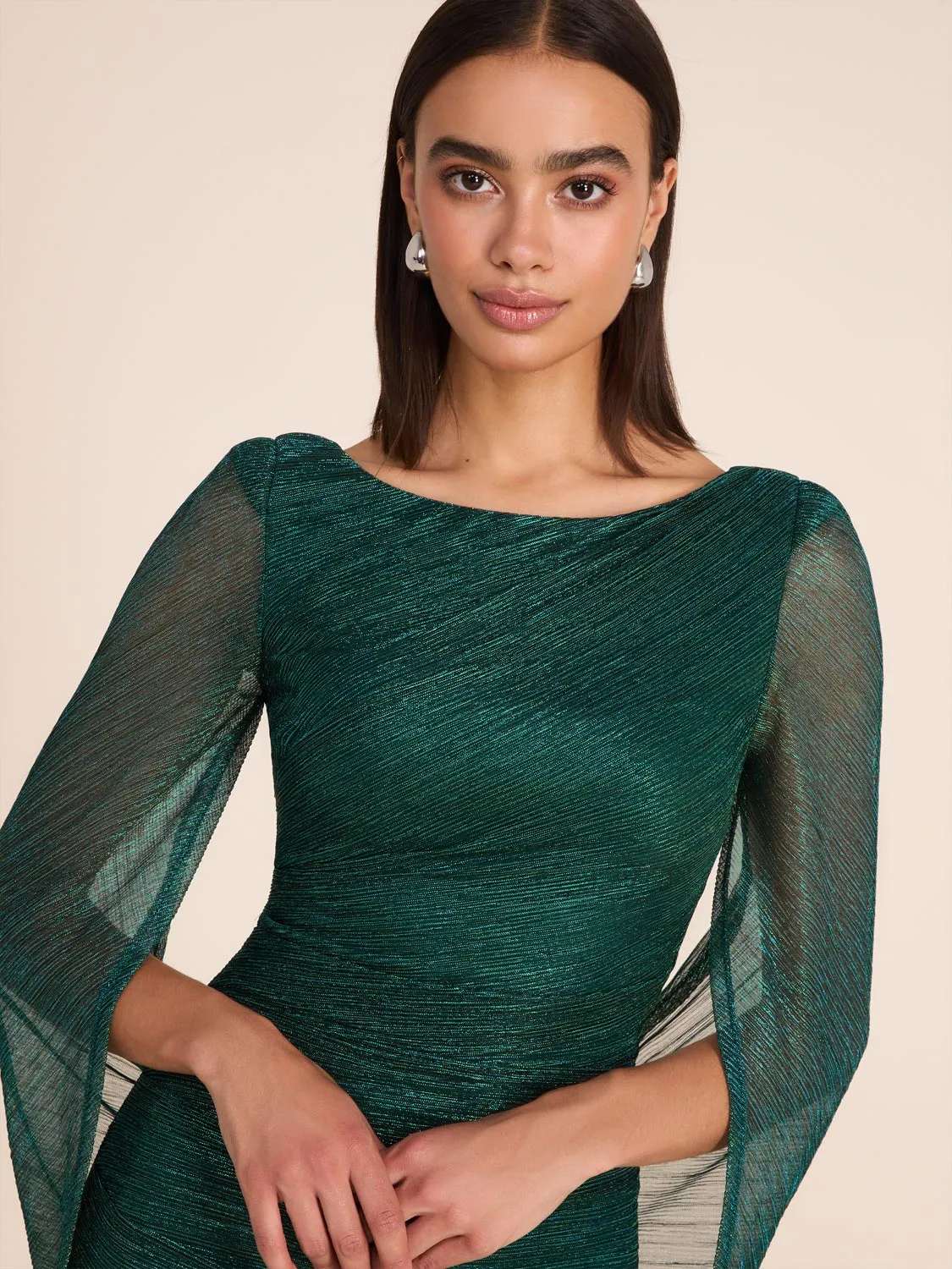 Metallic Crinkle Knit Gown With Back Cape
