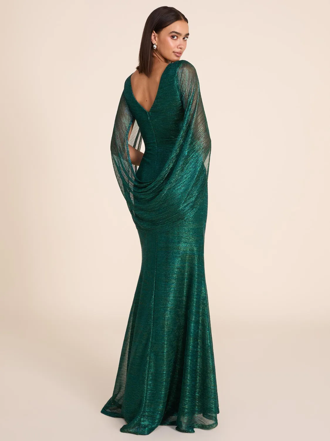 Metallic Crinkle Knit Gown With Back Cape