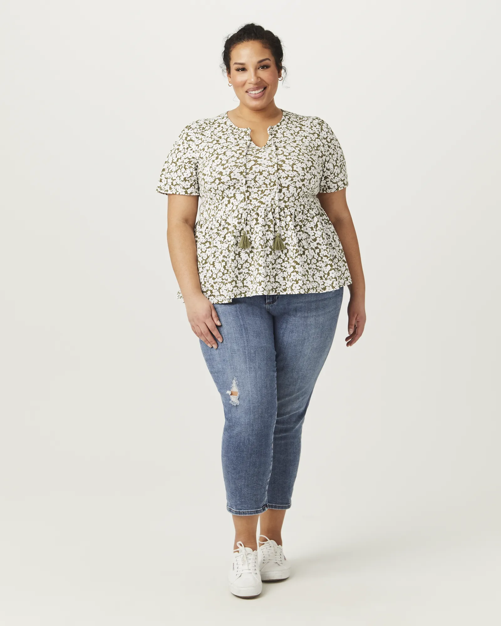 Mieko Peplum Top | Olive Green / White