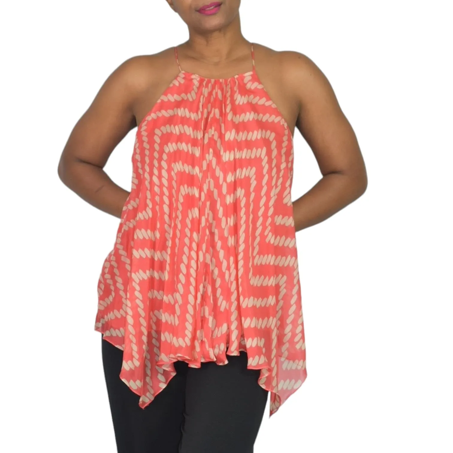 Milly Silk Handkerchief Hem Top Orange Coral Print Tank Swing Blouse Racerback Chiffon Size 2