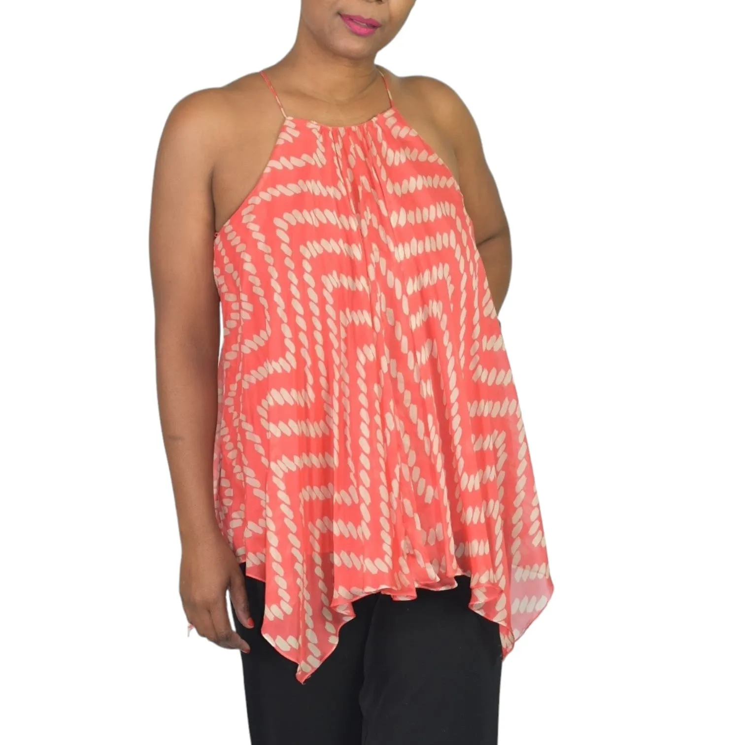 Milly Silk Handkerchief Hem Top Orange Coral Print Tank Swing Blouse Racerback Chiffon Size 2