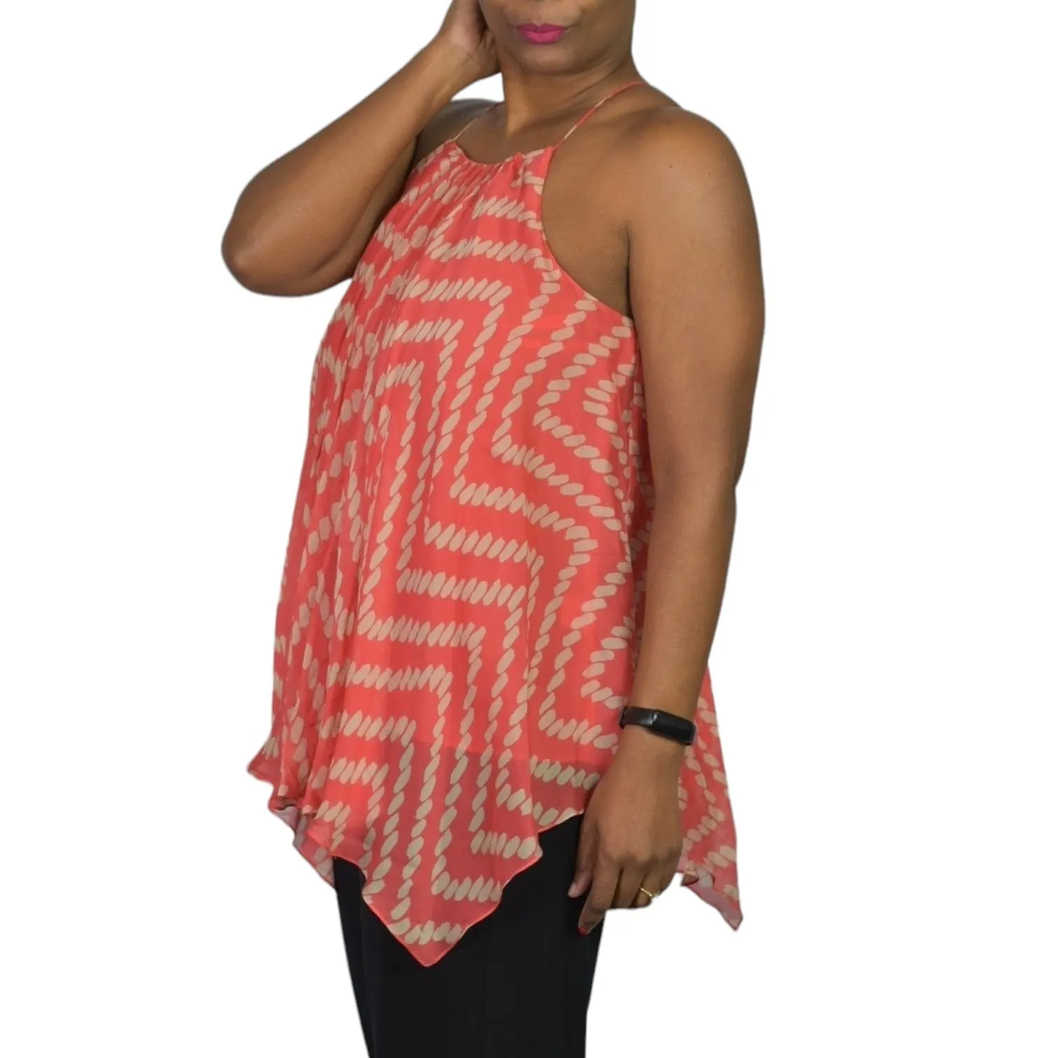 Milly Silk Handkerchief Hem Top Orange Coral Print Tank Swing Blouse Racerback Chiffon Size 2