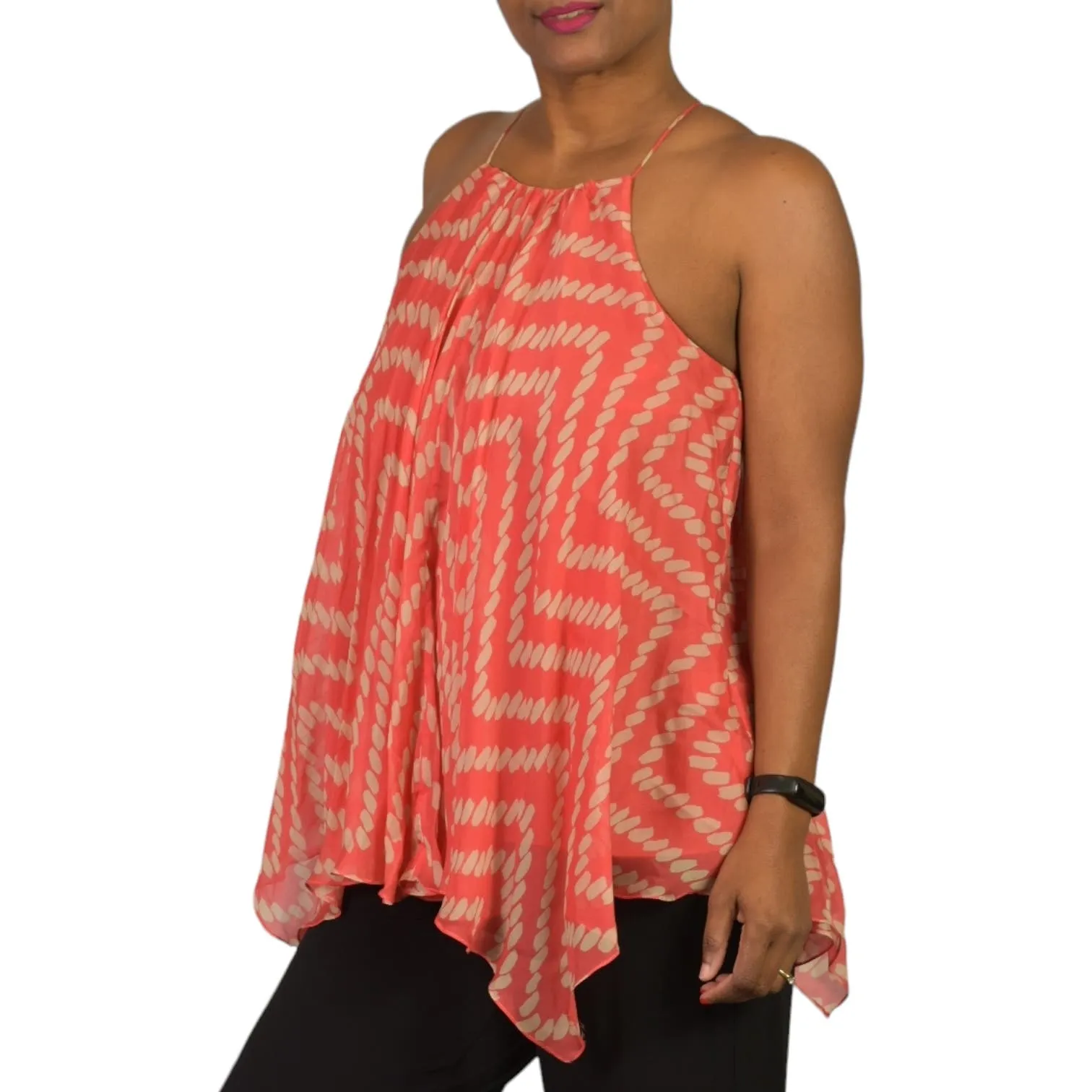 Milly Silk Handkerchief Hem Top Orange Coral Print Tank Swing Blouse Racerback Chiffon Size 2
