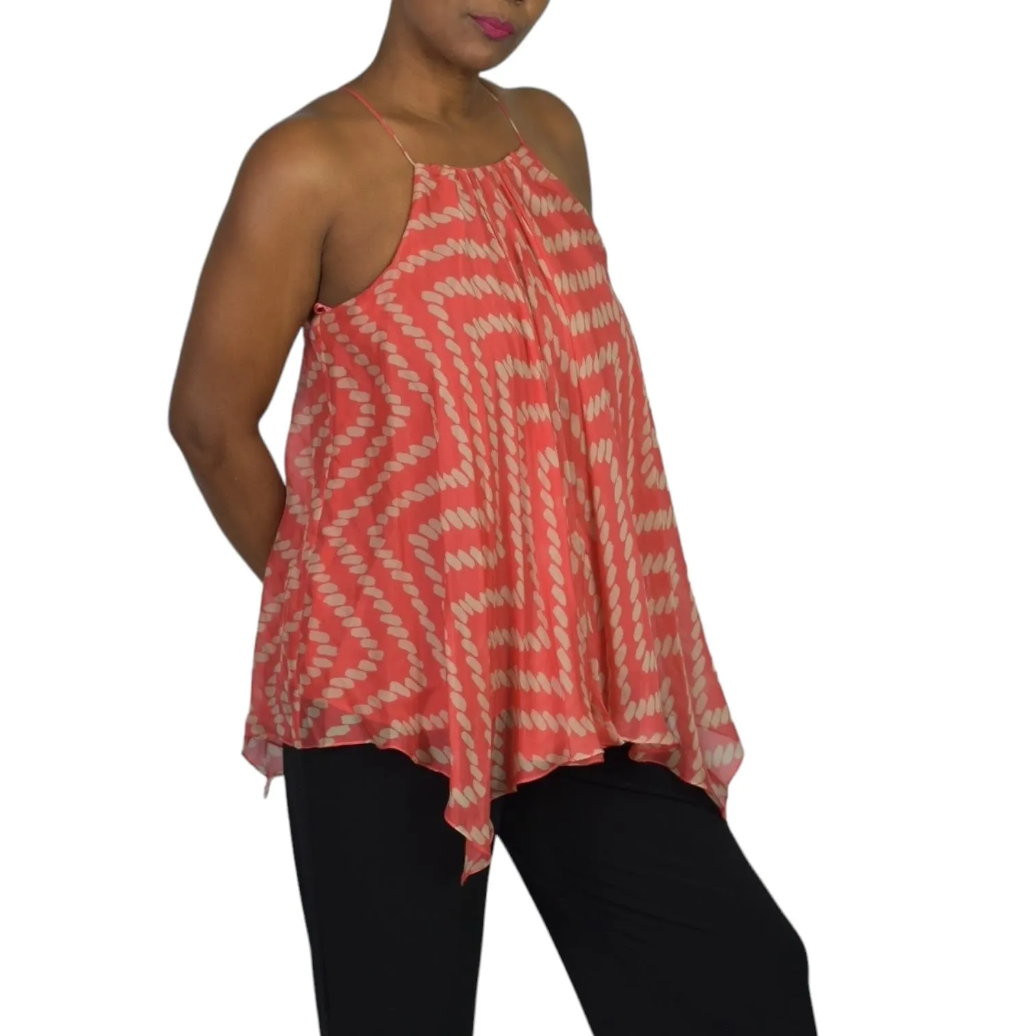 Milly Silk Handkerchief Hem Top Orange Coral Print Tank Swing Blouse Racerback Chiffon Size 2