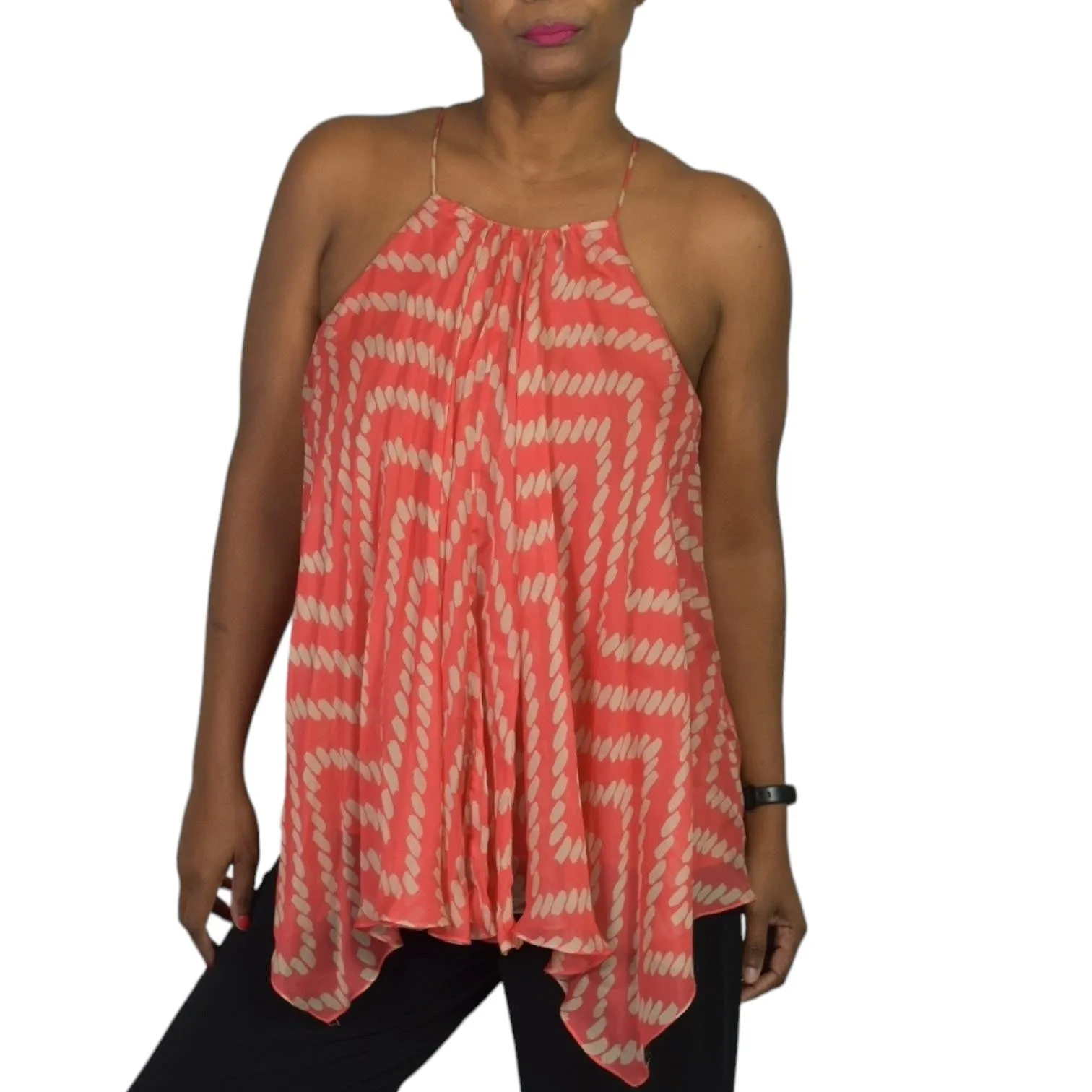 Milly Silk Handkerchief Hem Top Orange Coral Print Tank Swing Blouse Racerback Chiffon Size 2