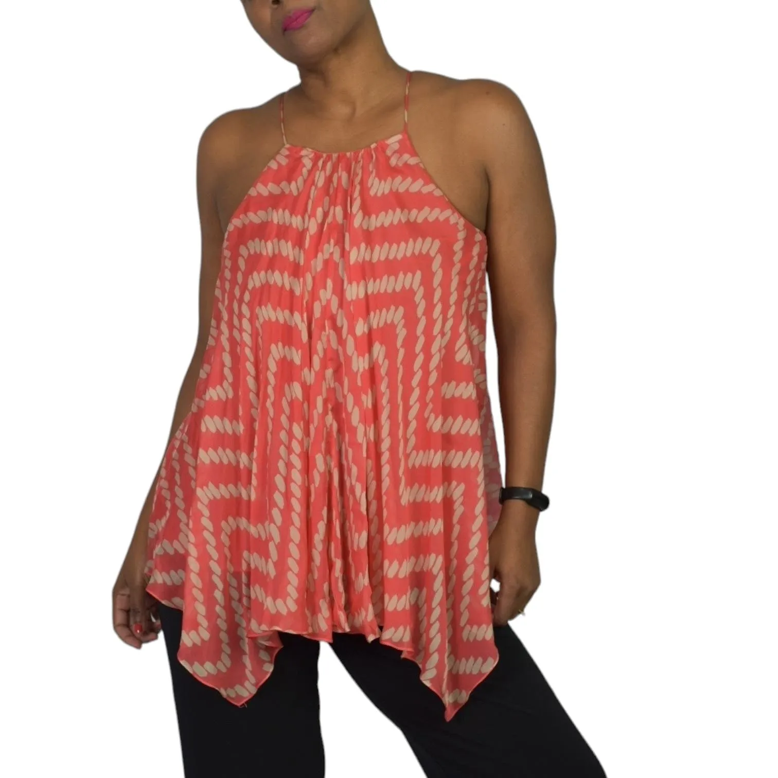 Milly Silk Handkerchief Hem Top Orange Coral Print Tank Swing Blouse Racerback Chiffon Size 2
