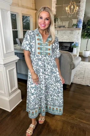 Mint Floral Boho Balloon Sleeve Tiered Midi Dress