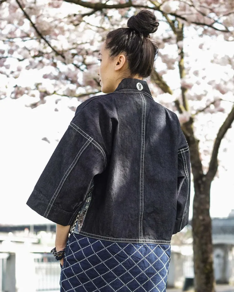 Modern Happi Jacket, Sashiko, Dark Indigo Denim with Multi-Color Asanoha