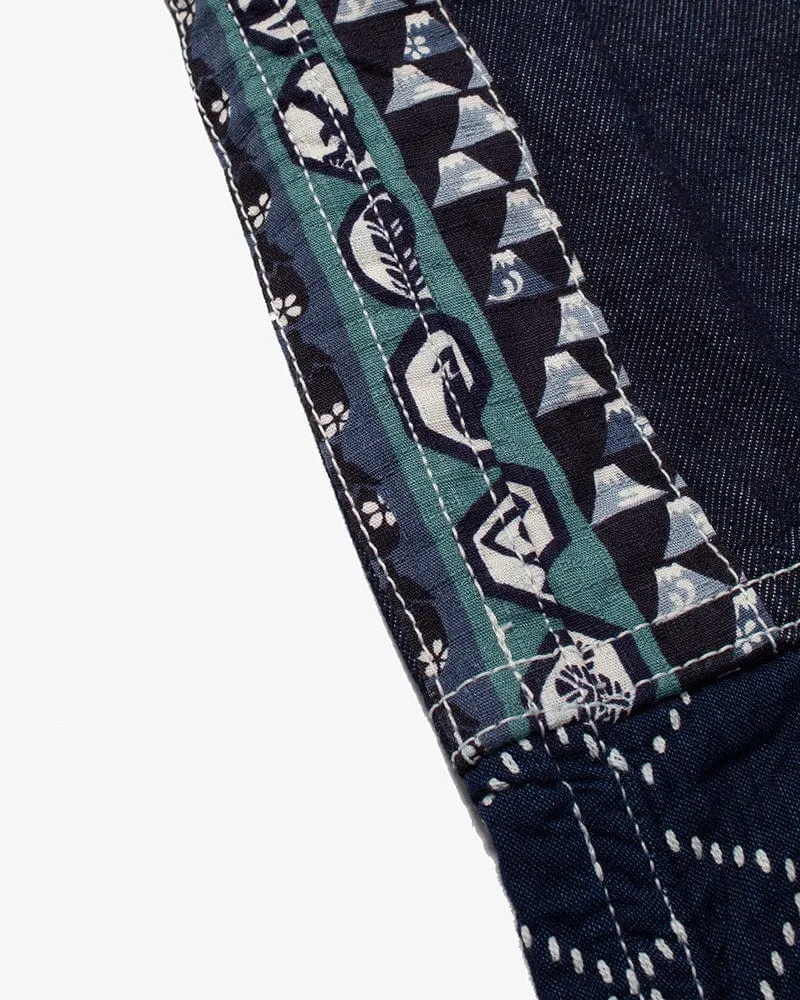 Modern Happi Jacket, Sashiko, Dark Indigo Denim with Multi-Color Asanoha