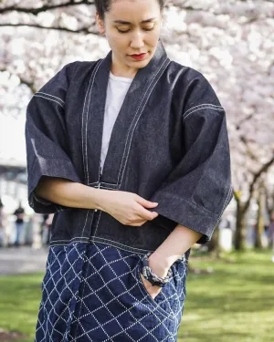 Modern Happi Jacket, Sashiko, Dark Indigo Denim with Multi-Color Asanoha