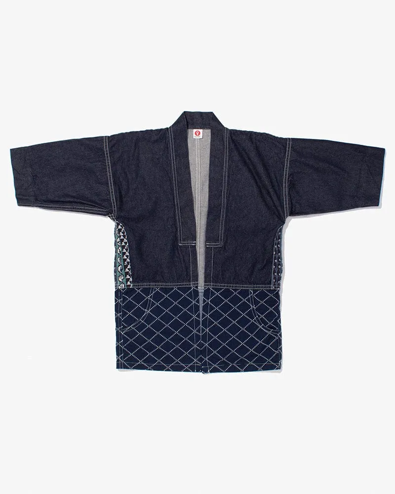 Modern Happi Jacket, Sashiko, Dark Indigo Denim with Multi-Color Asanoha