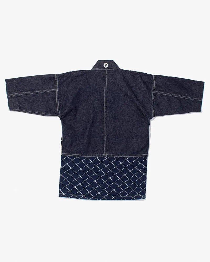 Modern Happi Jacket, Sashiko, Dark Indigo Denim with Multi-Color Asanoha