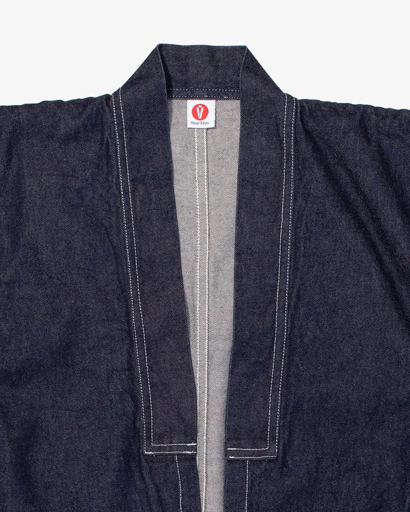 Modern Happi Jacket, Sashiko, Dark Indigo Denim with Multi-Color Asanoha