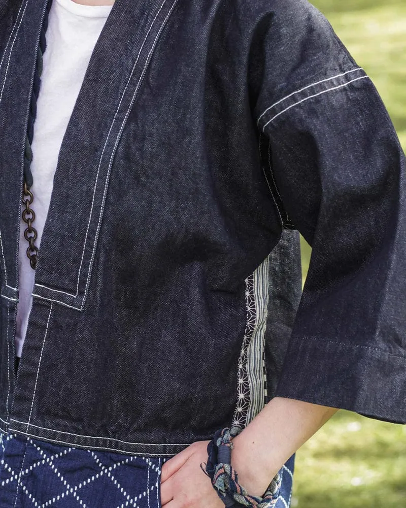 Modern Happi Jacket, Sashiko, Dark Indigo Denim with Multi-Color Asanoha