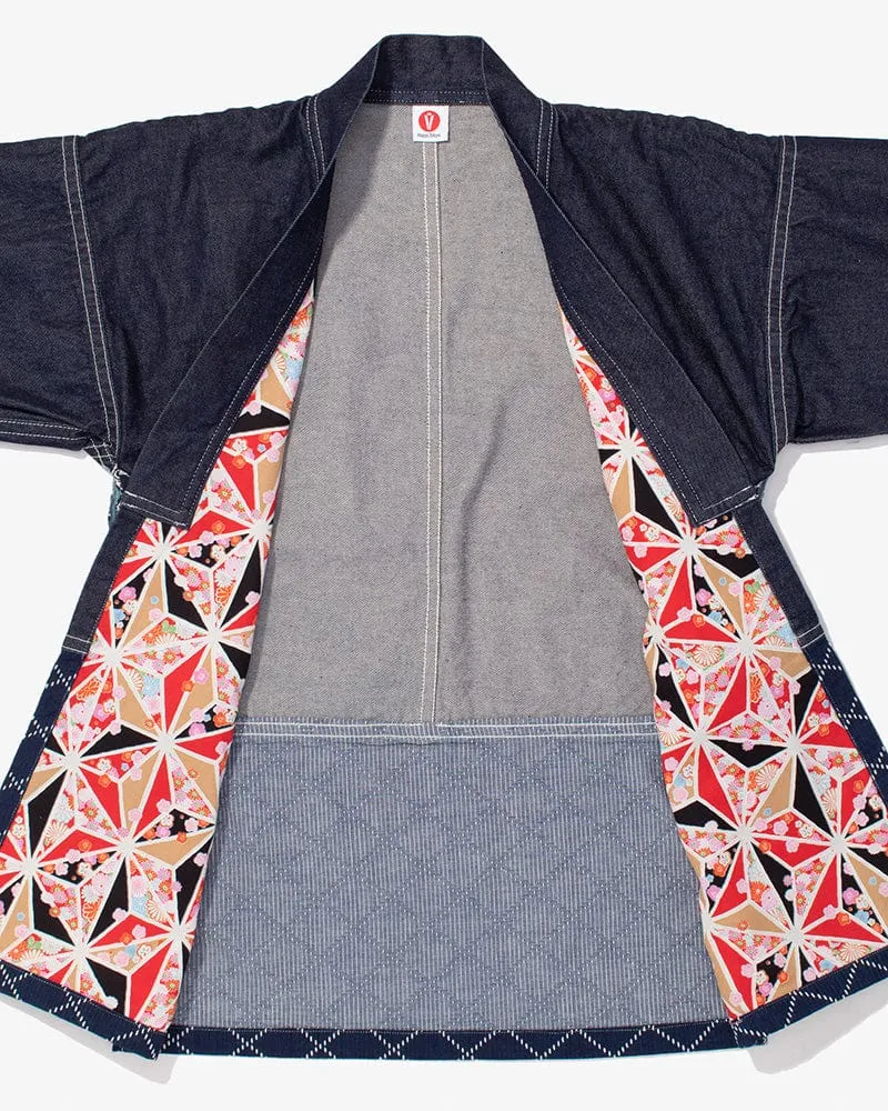 Modern Happi Jacket, Sashiko, Dark Indigo Denim with Multi-Color Asanoha
