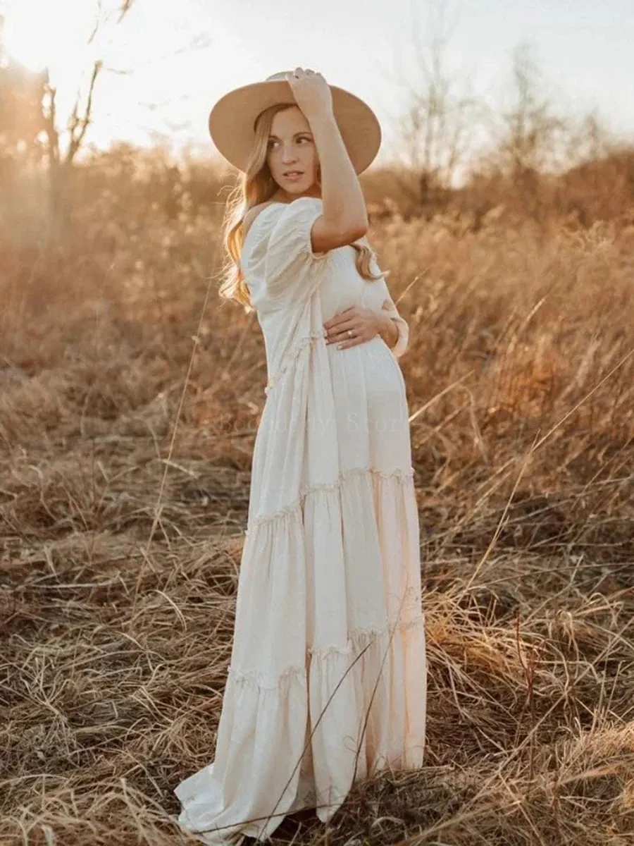 MQTIME  - Bohemian Maternity Photo graphy Dress for Baby Shower Photoshoot Maternity Wear Straight shoulder Sweet Style