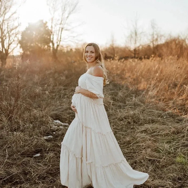 MQTIME  - Bohemian Maternity Photo graphy Dress for Baby Shower Photoshoot Maternity Wear Straight shoulder Sweet Style