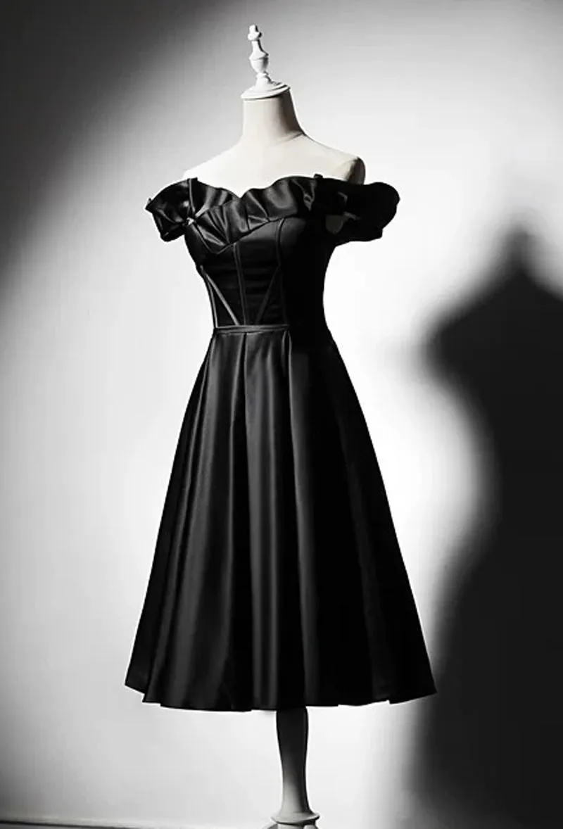 Off shoulder knee length little black modern chic party dress