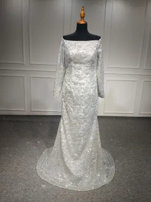 off shoulder sliver gray long sleeves prom dresses with removable train