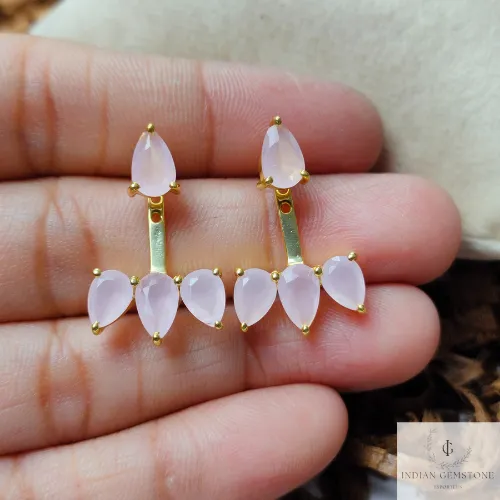 Pink Chalcedony Ear Jacket, 925 Sterling Silver Earring, Designer Earring, Gemstone Ear Jackets, Dainty Ear Jacket, Minimalist Earring, Gift