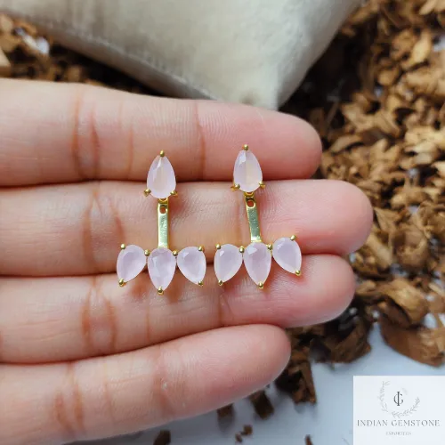 Pink Chalcedony Ear Jacket, 925 Sterling Silver Earring, Designer Earring, Gemstone Ear Jackets, Dainty Ear Jacket, Minimalist Earring, Gift