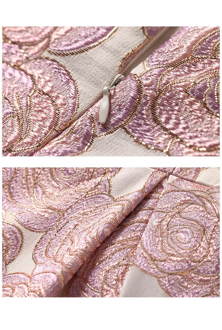 Pink Embroidered Jacquard Sleeveless Midi Dress