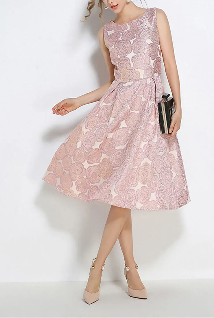 Pink Embroidered Jacquard Sleeveless Midi Dress