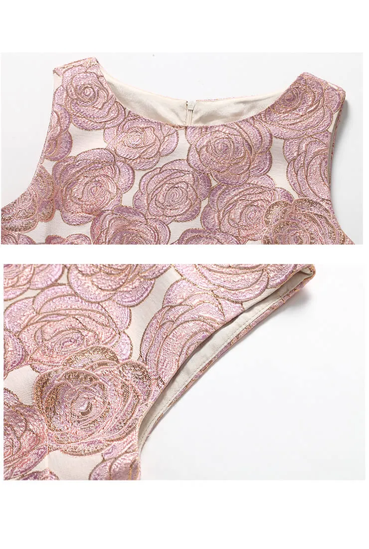 Pink Embroidered Jacquard Sleeveless Midi Dress