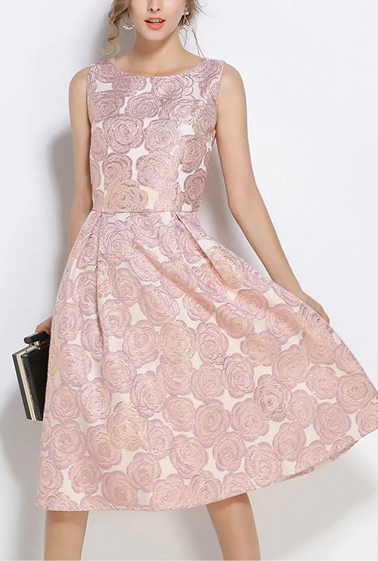 Pink Embroidered Jacquard Sleeveless Midi Dress