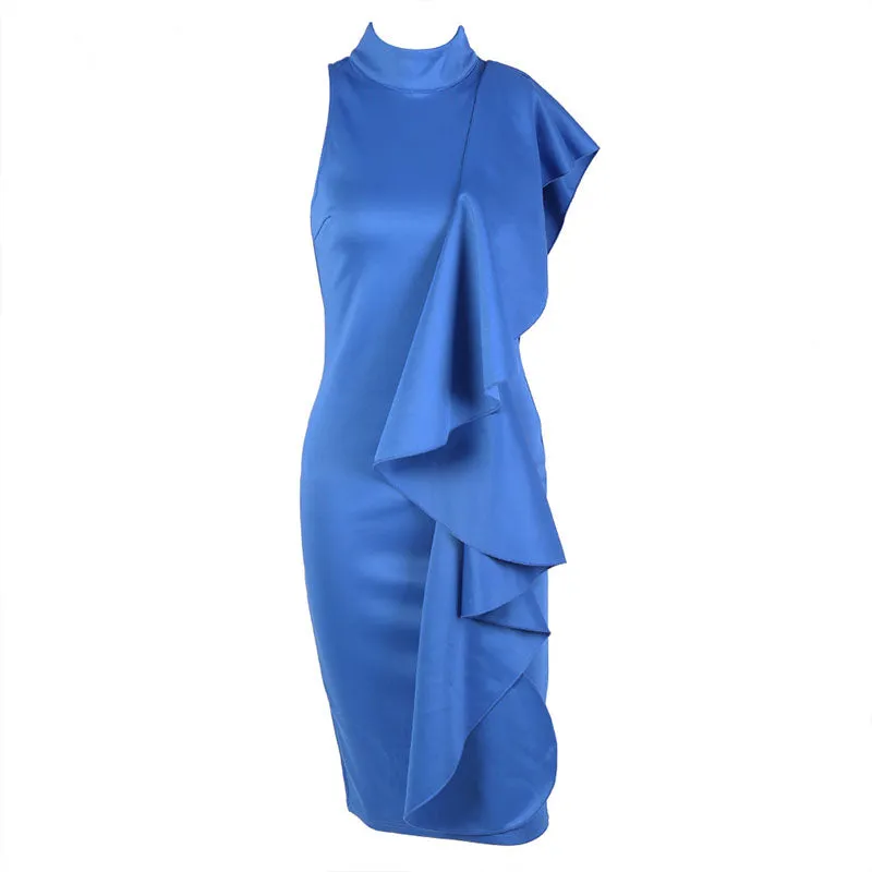 Plain Mock Neck Ruffle Bodycon Dress