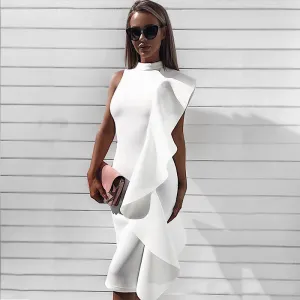 Plain Mock Neck Ruffle Bodycon Dress